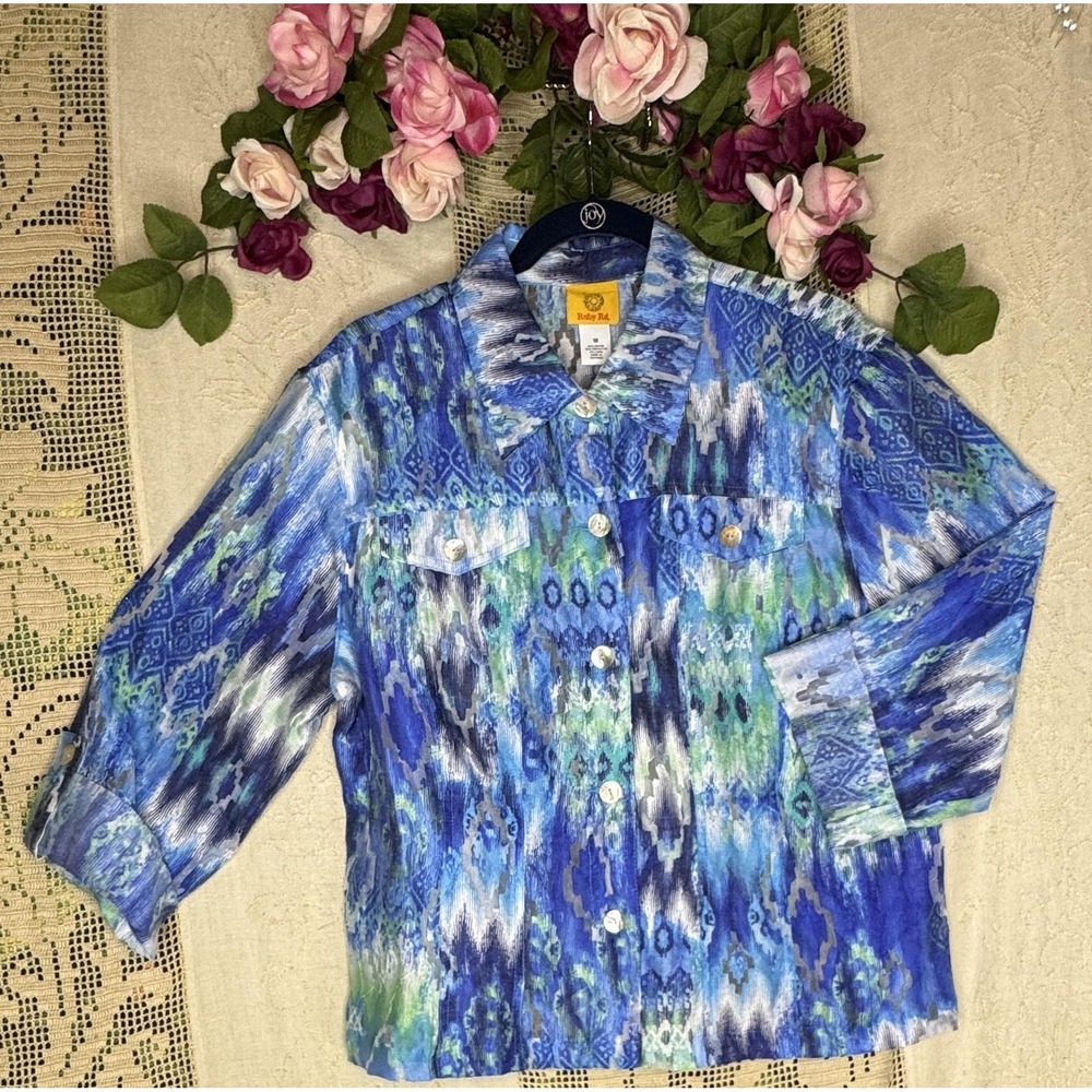 Ruby Rd Shirt Womens 18 Blue Green Ikat Button Front Crinkle Roll Tab Sleeves